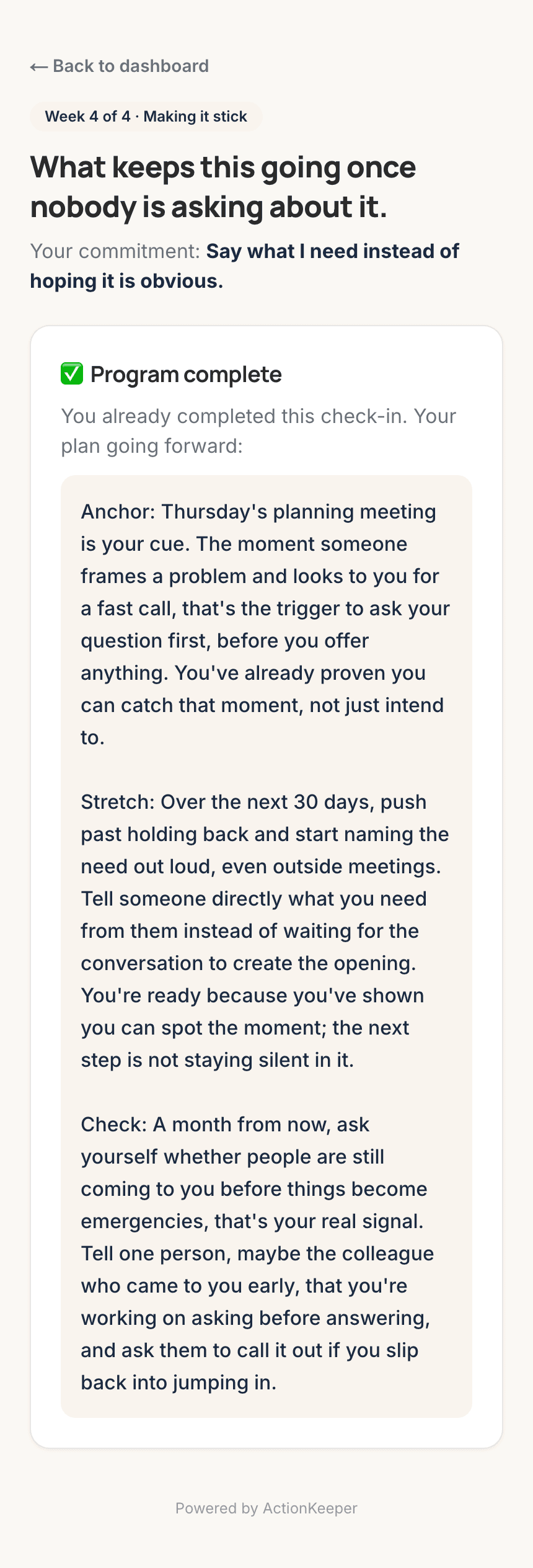 A phone showing the coach's reply, naming what the participant did that week and asking what will remind them to keep going.