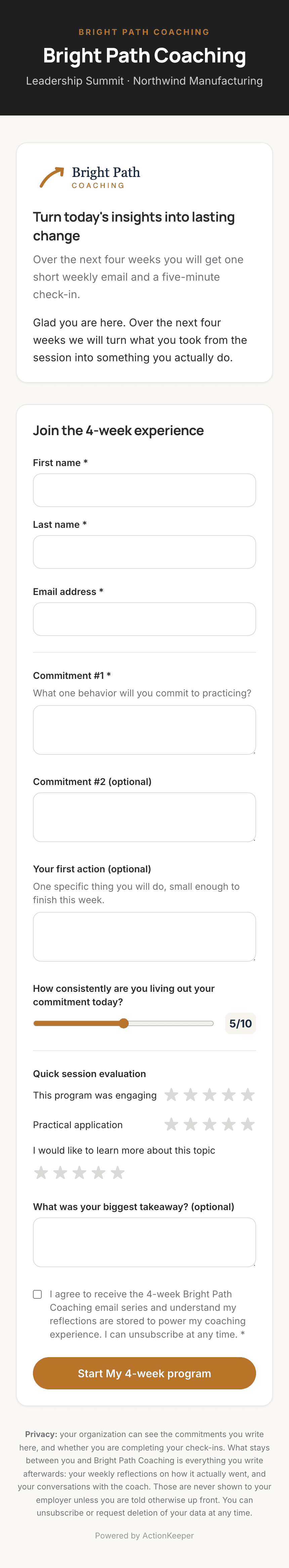 A phone showing the join form: name, email, two commitments, a first action, a consistency slider and a privacy note.