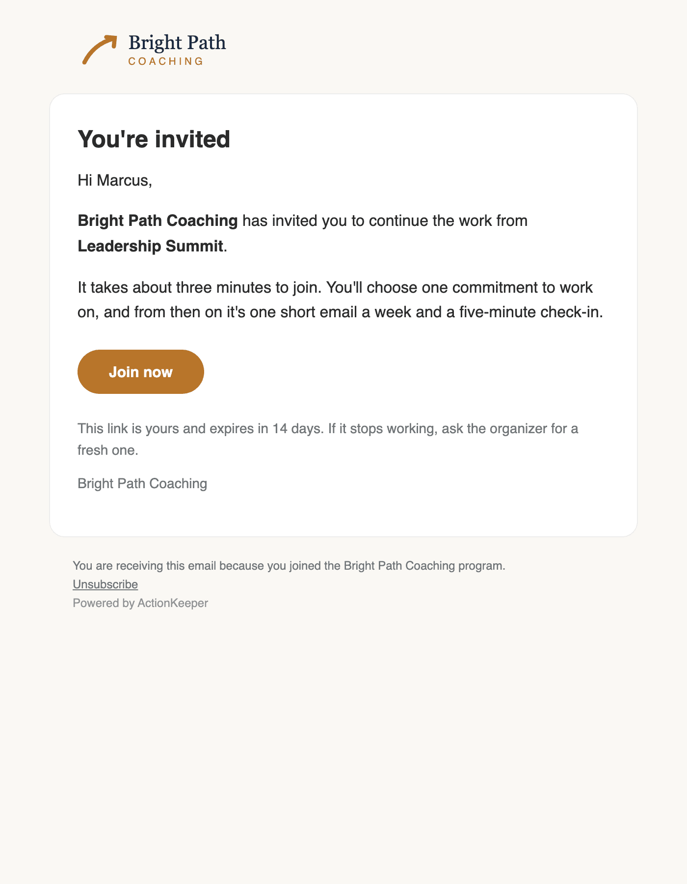 An invitation email naming the coaching practice running the program, reading "You're invited", with a Join now button.