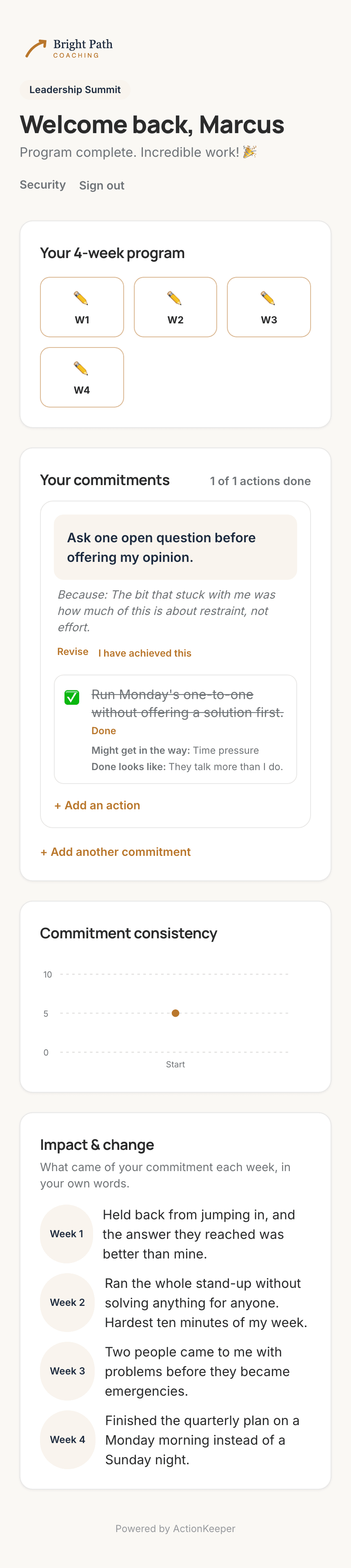 A phone showing a participant's dashboard: their commitment, actions, a consistency chart and their impact notes.