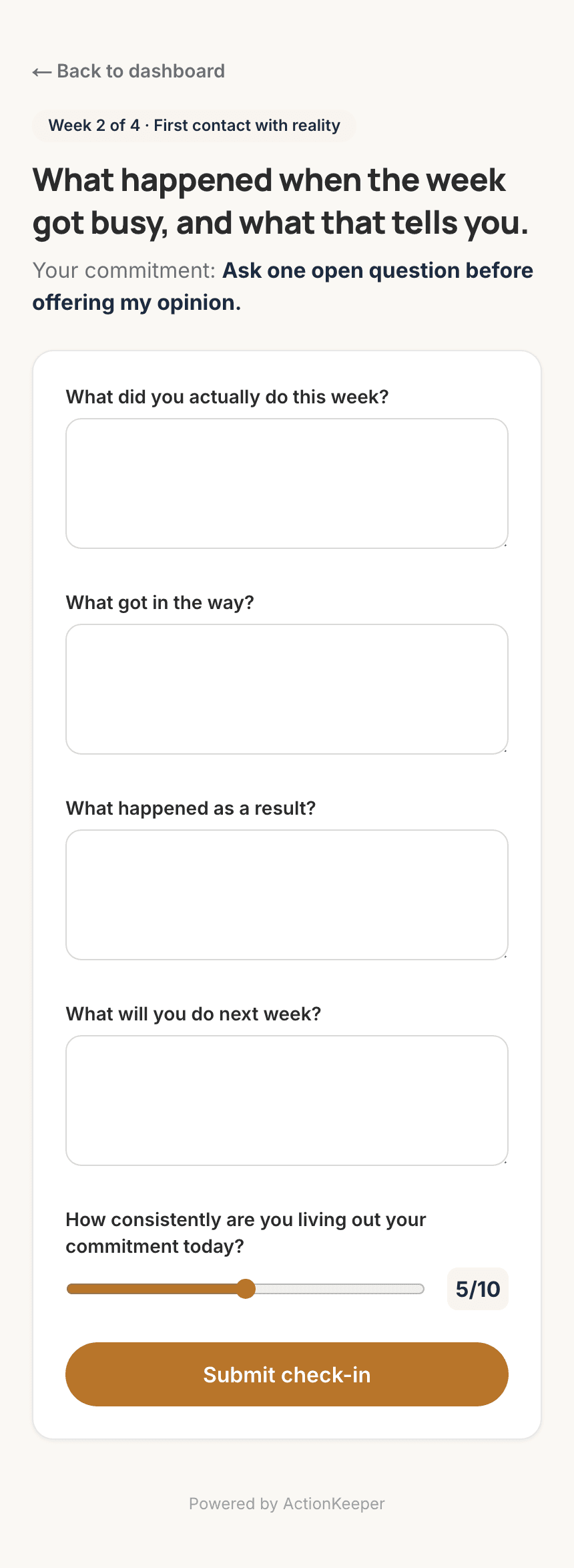 A phone showing week 2 of 4: four short questions and a consistency slider.